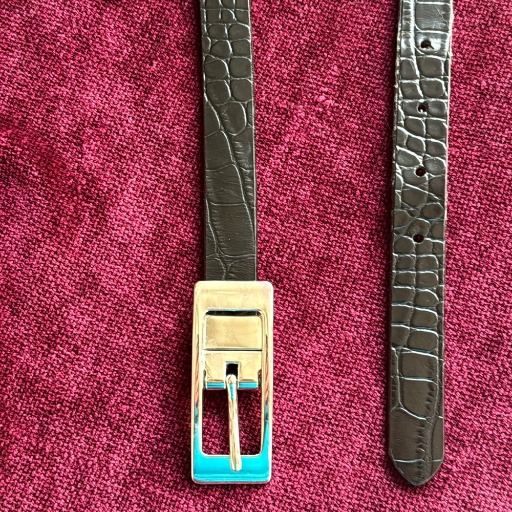 Women's Black Croc-Embossed Leather Belt with Gold Buckle